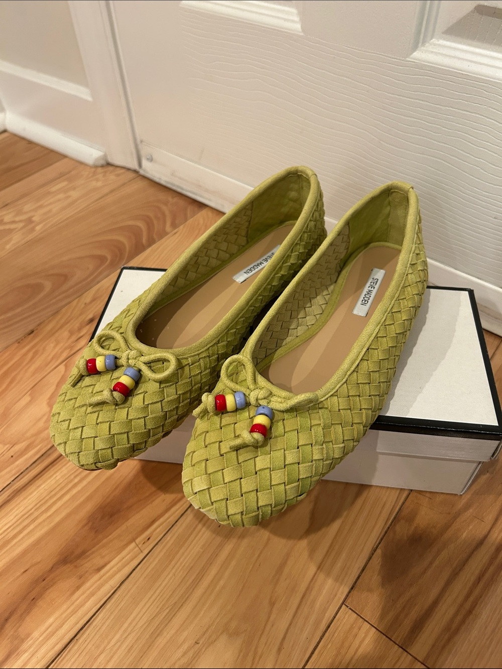 Steve Madden Divy Lime Green Woven Ballet Flats with Beaded Bow